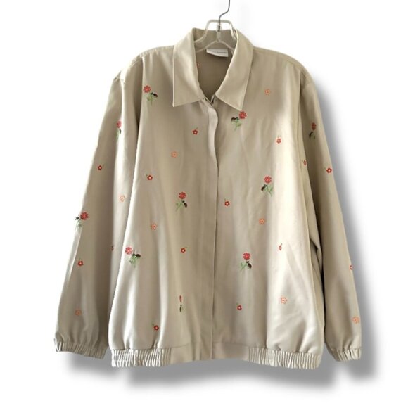 Vintage Alfred Dunner Tan Flower Embroidered Windbreaker Zip Jacket Plus Size 16 - Picture 1 of 16